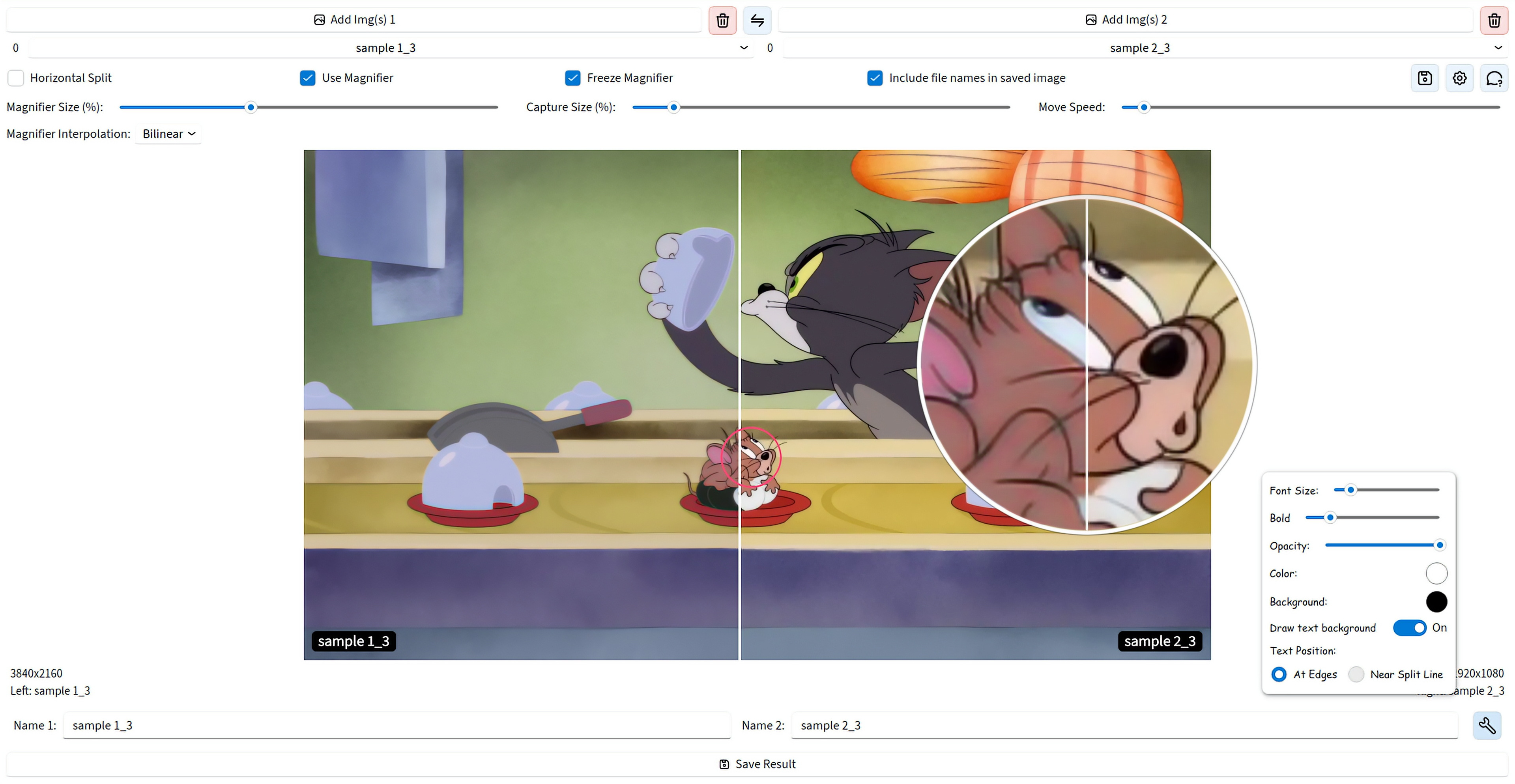 Vertical comparison with unified magnifier and text settings